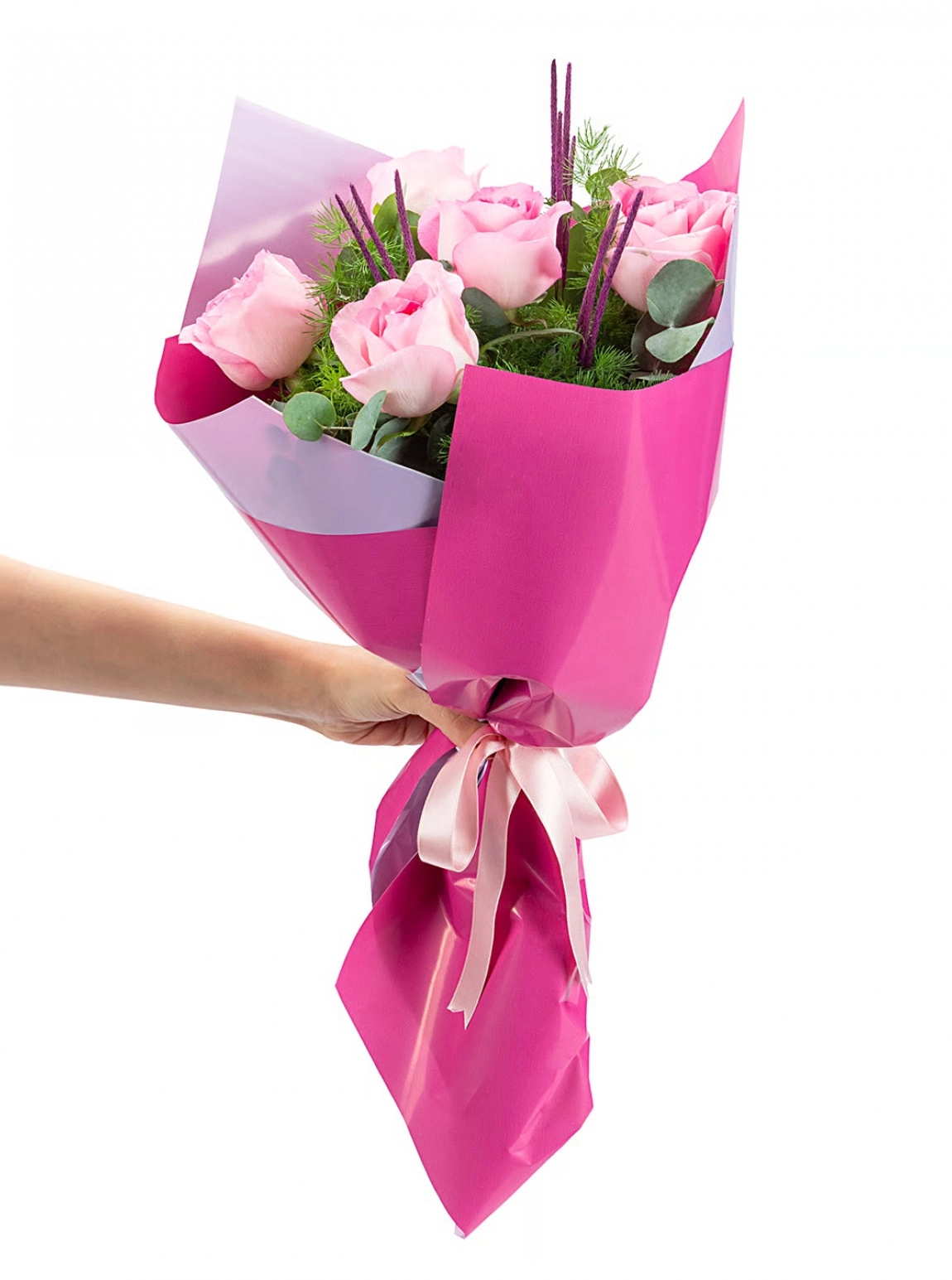 Lila Bukette 5 Pembe Gül Buketi