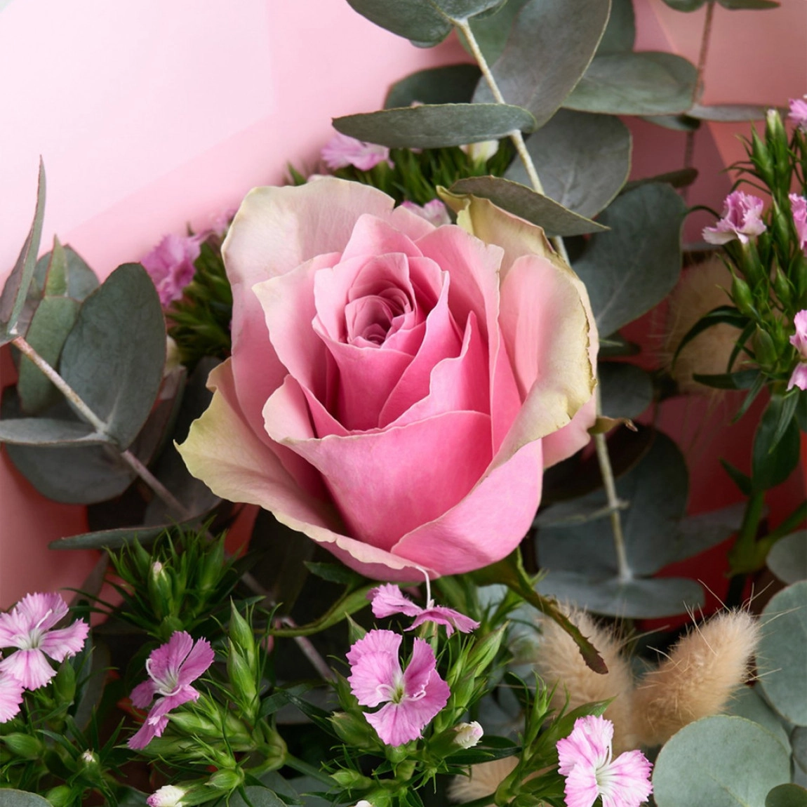 Pembe Bukette Pembe Gül Ve Okaliptus