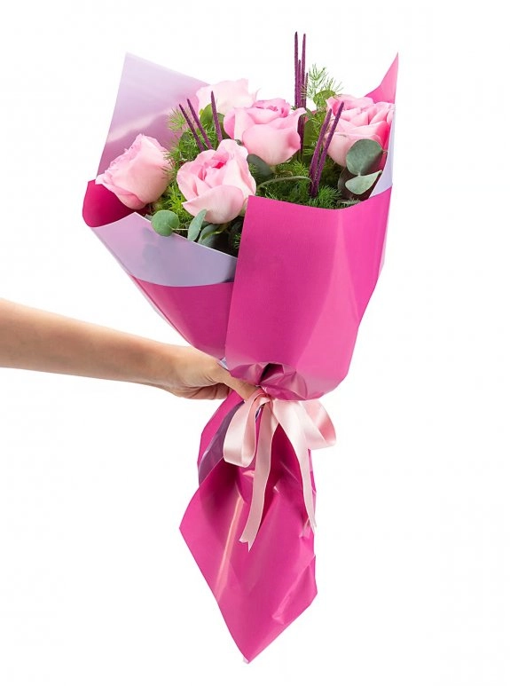 Lila Bukette 5 Pembe Gül Buketi